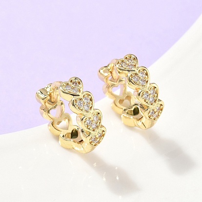 Серьги-кольца из латуни с микропаве и прозрачным кубическим цирконием в форме сердца, стойки покрытие, долговечный, без кадмия и без свинца