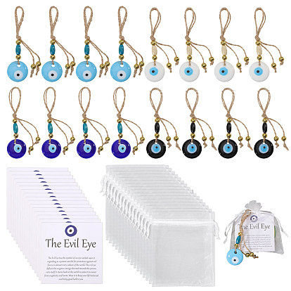 Плоская круглая подвеска ручной работы с элементами от сглаза из стекла и дерева, с подарочными пакетами из органзы и бумажными открытками, золотые