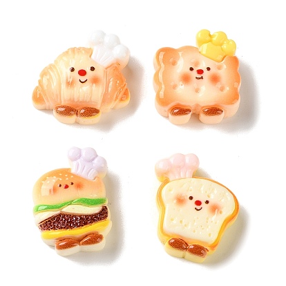Cabochons aus undurchsichtigem Harz mit Back- und Kochmotiv, Brot, Toast und Hamburger mit lächelndem Gesicht