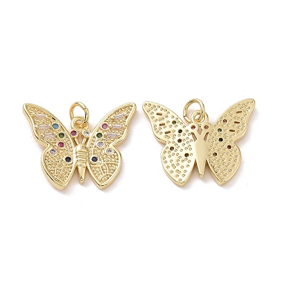 Brass Cubic Zirconia Pendants, Cadmium Free & Lead Free, with Jump Ring, Butterfly Charm