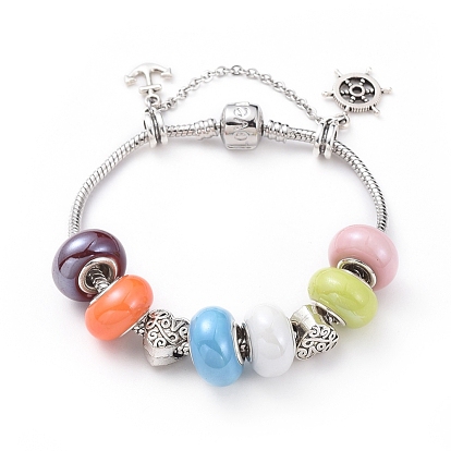 Latón pulseras europeas, con perlas europeas hechas a mano de porcelana y aleación de estilo tibetano y dijes de aleación de estilo tibetano, corazón y timón y ancla