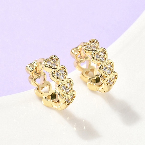 Серьги-кольца из латуни с микропаве и прозрачным кубическим цирконием в форме сердца, стойки покрытие, долговечный, без кадмия и без свинца