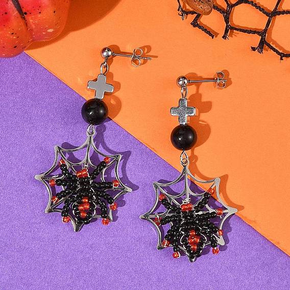 201 Stainless Steel & Glass Seed Dangle Earrings for Women, Spider with Web, 304 Stainless Steel Stud Earrings for Women