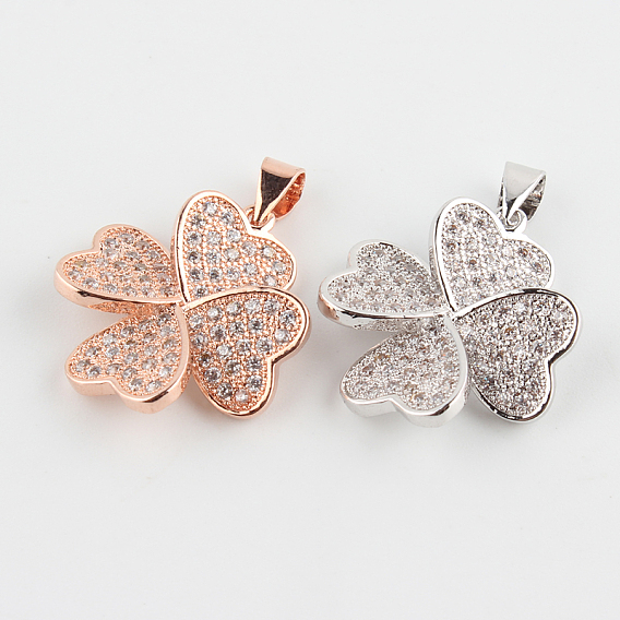 Clover Brass Micro Pave Cubic Zirconia Pendants, 21x19x5mm, Hole: 4.5x3mm