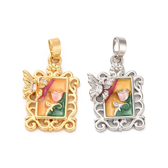 Латунь эмаль подвески, с четким кубического циркония, без кадмия, без никеля и без свинца, прямоугольник с подвеской в виде цветка и бабочки