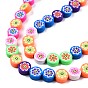 Handmade Polymer Clay Beads Strand, Flat Round with Flower & Smiling Face