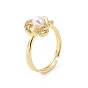 Brass Micro Pave Cubic Zirconia Adjustable Rings, Flower with Plastic Imitation Pearl Rings for Women