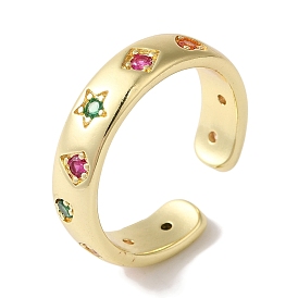 Brass Micro Pave Colorful Cubic Zirconia Open Cuff Rings for Women, Star/Rhombus/Heart