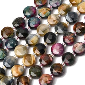 Окрашенные естественно тигровый глаз бисер пряди, граненые шестиугольные бусины в форме монеты, с бисером