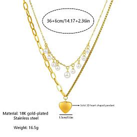 304 Stainless Steel & Plastic Pearl Pendant Double Layer Necklaces, Heart, White
