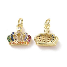 Brass Micro Pave Colorful Cubic Zirconia Charms, with Jump Ring, Crown Charm