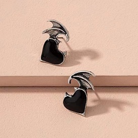 Vintage Gothic Heart-shaped Earrings with Winged Heart Studs - Fashionable and Unique.