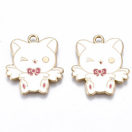 Eco-Friendly Alloy Enamel Pendants, Cadmium Free & Lead Free & Nickel Free, Cat with Wing, Light Gold