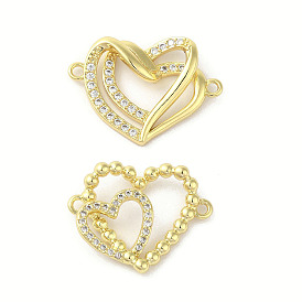 Rack Plating Brass Micro Pave  Clear Cubic Zirconia Double Heart Connector Charms, Long-Lasting Plated, Cadmium Free & Lead Free