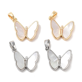 Double Butterfly Brass Micro Pave Clear Cubic Zirconia Pendants, with Shell