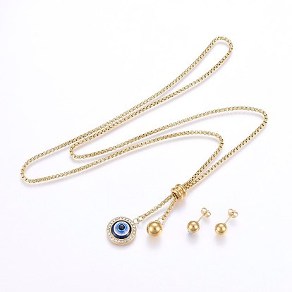 304 Stainless Steel Jewelry Sets, Pendant Necklaces and Stud Earrings, with Enamel and Rhinestone, Flat Round