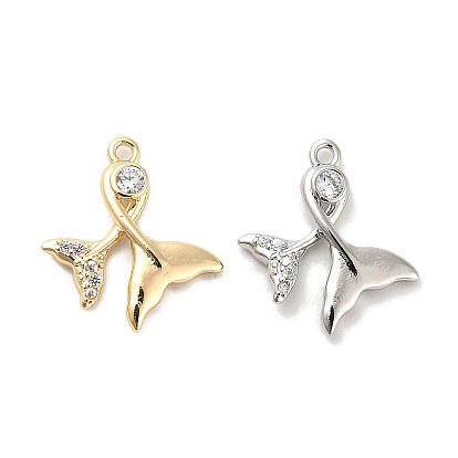 Brass Micro Pave Clear Cubic Zirconia Pendants, Cadmium Free & Nickel Free & Lead Free, Fishtail