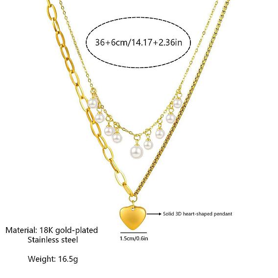 304 Stainless Steel & Plastic Pearl Pendant Double Layer Necklaces, Heart, White