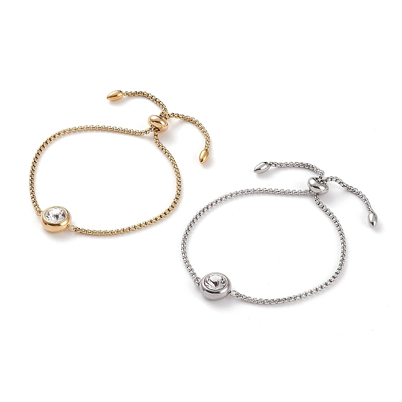304 браслеты из нержавеющей стали, слайдерные браслеты, с хрустальными стразами и цепочками-шкатулками, плоско-круглые
