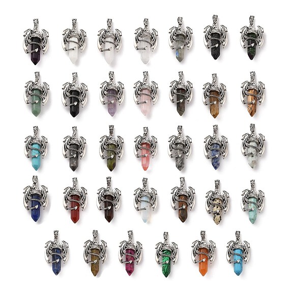 Gemstone Pointed Pendants, Faceted Bullet Charms, with Rack Plating Platinum Tone Alloy Dragon Findings, Cadmium Free & Lead Free