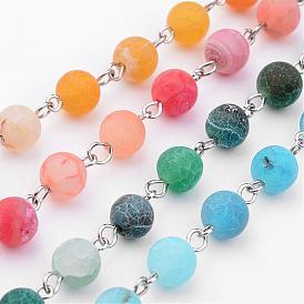 Chaînes de perles d'agate patinées naturelles faites à la main, non soudée, avec épingle à oeil en fer, couleur platine