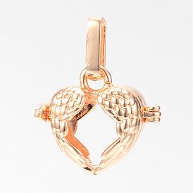 Rack Plating Brass Cage Pendants, For Chime Ball Pendant Necklaces Making, Heart with Wing, Hollow