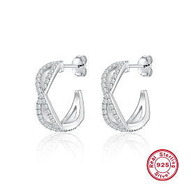 Rhodium Plated 925 Sterling Silver Micro Pave Cubic Zirconia Stud Earrings, Half Hoop Earrings, with 925 Stamp