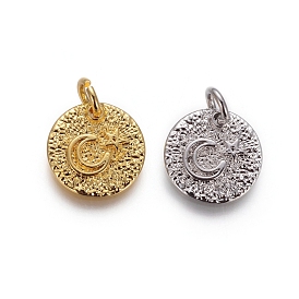 Brass Rough Surface Charms, with Jump Rings, Cadmium Free & Lead Free, Flat Round with Star and Moon