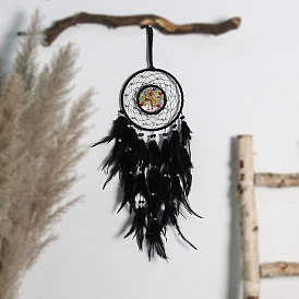 Iron & Reisn Imitation Pearl Woven Web/Net with Feather Pendant Decorations, Flat Round with Tree Wall Hanging