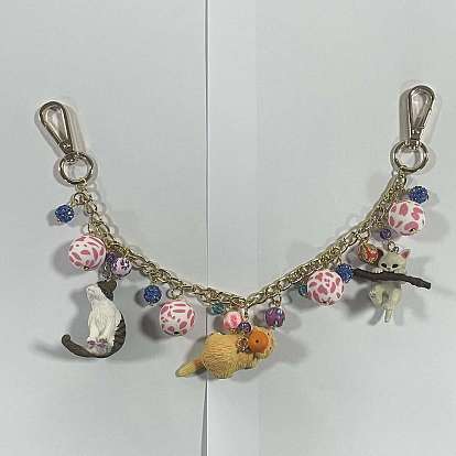Aluminium Twisted Curb Chain Purse Decorative Chains, with Opaque Resin 3D Cat Pendants & Plastic Beads & Polymer Clay Rhinestone Beads, Golden