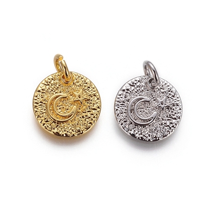 Brass Rough Surface Charms, with Jump Rings, Cadmium Free & Lead Free, Flat Round with Star and Moon