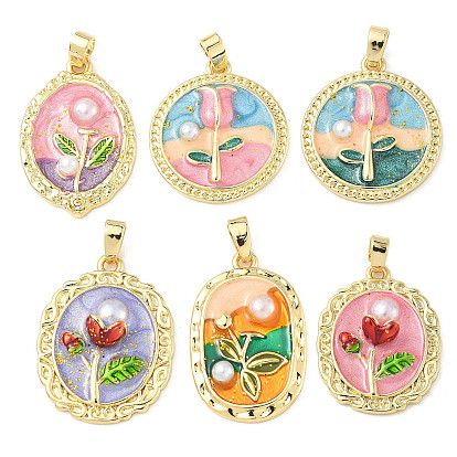 Латунь эмаль подвески, с пластиковой имитацией жемчуга, стойки покрытие, долговечный, без кадмия и без свинца, реальный 18 k позолоченный, овальные и плоские круглые с цветочным шармом