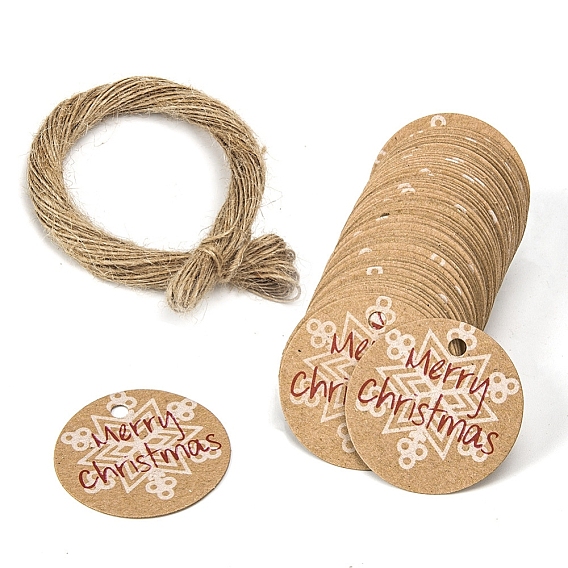 100Шт круглые точки счастливого Рождества крафт-бумаги подарочные бирки, с джутовыми канатами