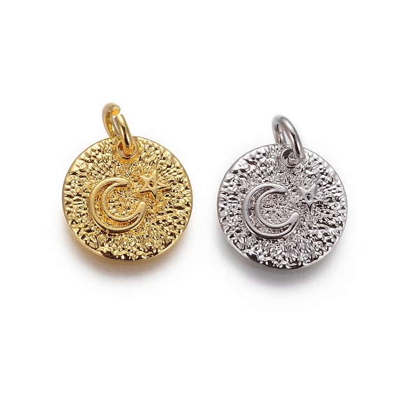 Brass Rough Surface Charms, with Jump Rings, Cadmium Free & Lead Free, Flat Round with Star and Moon