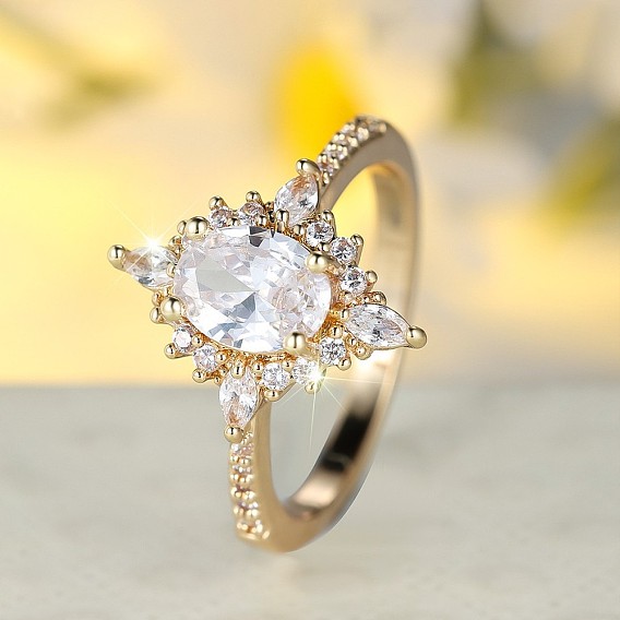 Brass Micro Pave Cubic Zirconia Finger Rings, Flower, Platinum/Golden