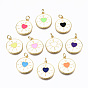 Brass Enamel Pendants, with Jump Rings, Real 16K Gold Plated, Cadmium Free & Nickel Free & Lead Free, Flat Round with Heart