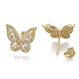 Brass Micro Pave Clear Cubic Zirconia Stud Earrings, with Earring Backs, Nickel Free, Butterfly