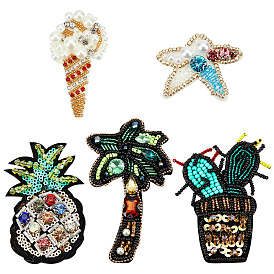 Fingerinspire 5Pcs 5 Style Computerized Embroidery Cloth Sew on Patches, Costume Accessories, Appliques, with Rhinestone and Seed Beads, Mixed Shape
