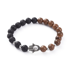 Bracelets extensibles unisexes, avec des perles de pierre de lave naturelle, Perles en alliage de style tibétain, 304 perles d'espacement en acier inoxydable et perles en bois, hamsa main / main de fatima / main de miriam