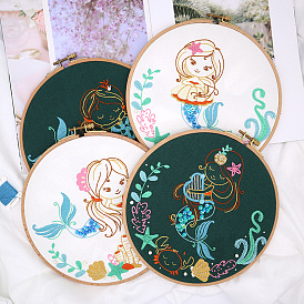 Mermaid Pattern DIY Embroidery Kit, including Embroidery Needles & Thread, Cotton Linen Cloth