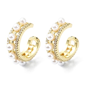 Rack Plating Brass Micro Pave Cubic Zirconia cuff Earring, with Plastic Imitation Pearl, Cadmium Free & Lead Free, Long-Lasting Plated