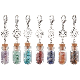 7Pcs 7 Styles Chakra Natural & Synthetic Gemstone Chip Beads inside Glass Wishing Bottle Pendant Decorations, Lobster Claw Clasps Charms for Bag Ornaments