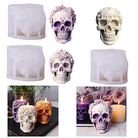 Halloween Theme Skull with Flower Silicone Molds, Candle Molds, Gesso Resin Casting Molds