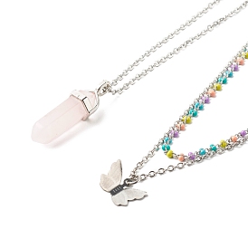 Juego de collares con colgante de bala y mariposa para regalo de mujer, con cuarzo rosa naturales y los hallazgos de acero inoxidable 304