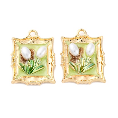 Подвески из эмали и сплава, с блестящей пудрой и искусственным жемчугом, без кадмия, без никеля и без свинца, стойки покрытие, прямоугольник с цветочной подвеской