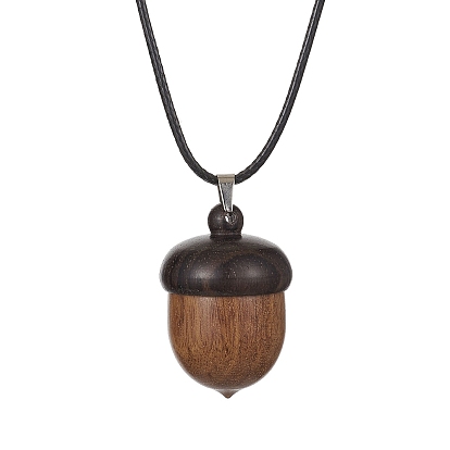 Acorn Shape Ebony Wood Locket Pendant Necklace with Wax Cords, Openable Storage Box Necklace for Women