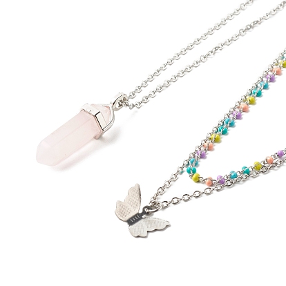 Juego de collares con colgante de bala y mariposa para regalo de mujer, con cuarzo rosa naturales y los hallazgos de acero inoxidable 304