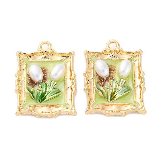 Подвески из эмали и сплава, с блестящей пудрой и искусственным жемчугом, без кадмия, без никеля и без свинца, стойки покрытие, прямоугольник с цветочной подвеской