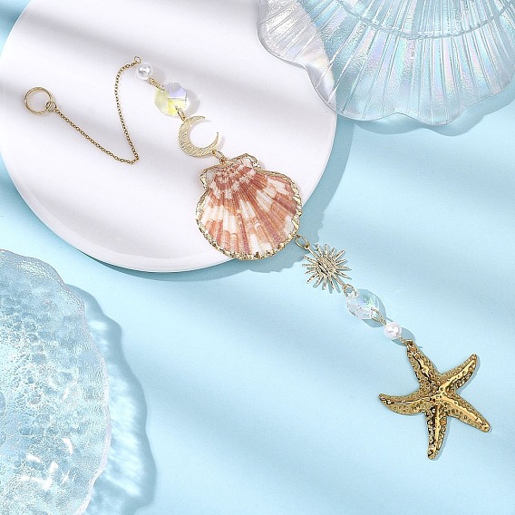 Подвески из ракушек, стекла и нержавеющей стали с гальваническим покрытием, ловцы солнца из ракушек-звезд, для наружного украшения сада
