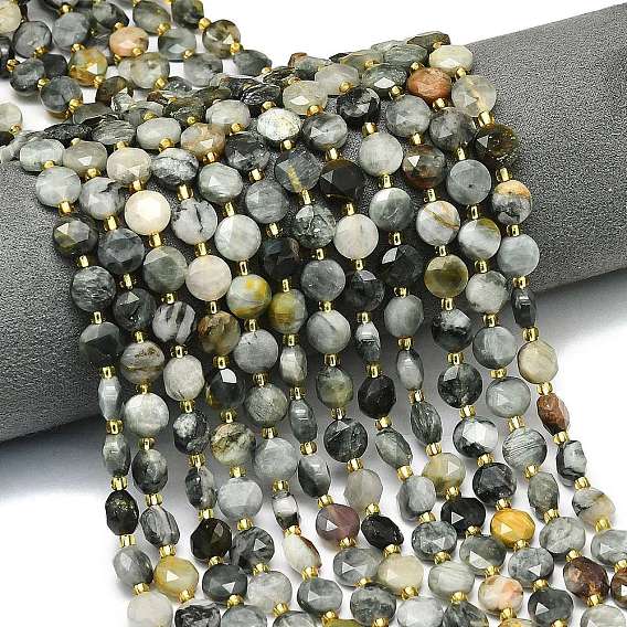 Натуральный орлиный глаз бусы, граненый шестиугольный разрез, плоско-круглые, с бисером